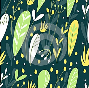 Beautiful Botanical illustration. Seamless pattern with leaves and flowers. Tropical background with exotic plants. Print for fabr photo